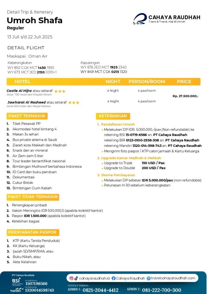 Itinerary Umroh Shafa 13 Juli 2025 | Cahaya Raudhah | Travel Umroh