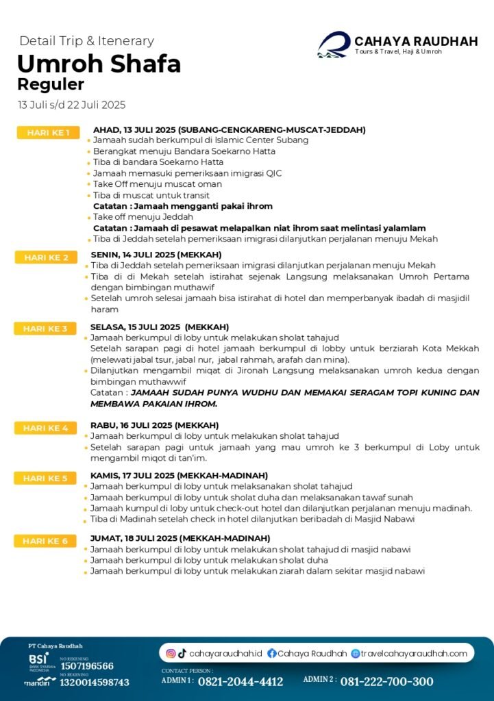 Itinerary Umroh Shafa 13 Juli 2025 | Cahaya Raudhah | Travel Umroh